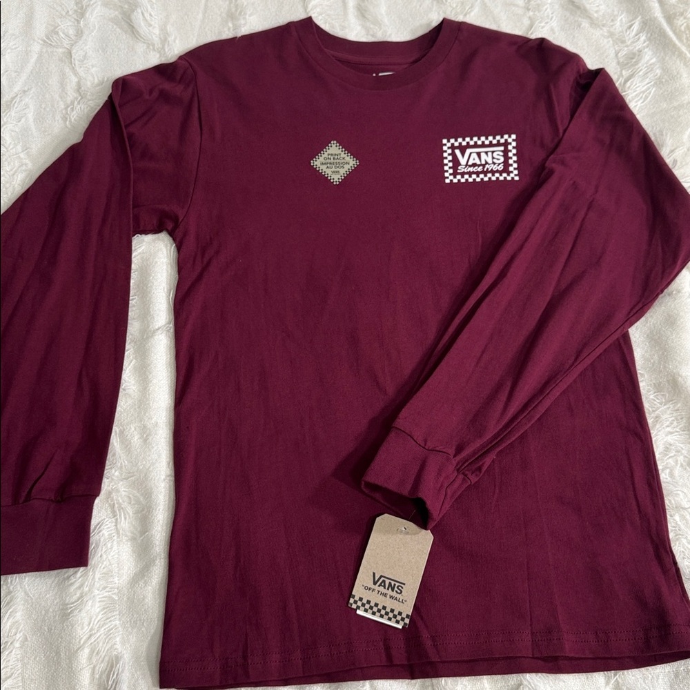 Vans NWT Checkerboard Logo Long Sleeve Maroon Graphic Tee Shirt Small S